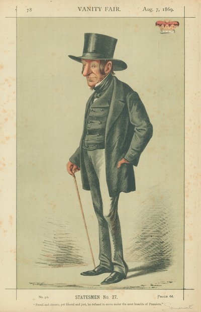 Il duca di Somerset, orgoglioso e sincero ma liberale e giusto, rifiutò di servire sotto questo umilissimo dei premier, 7 agosto 1869, caricatura di Vanity Fair da Carlo Pellegrini